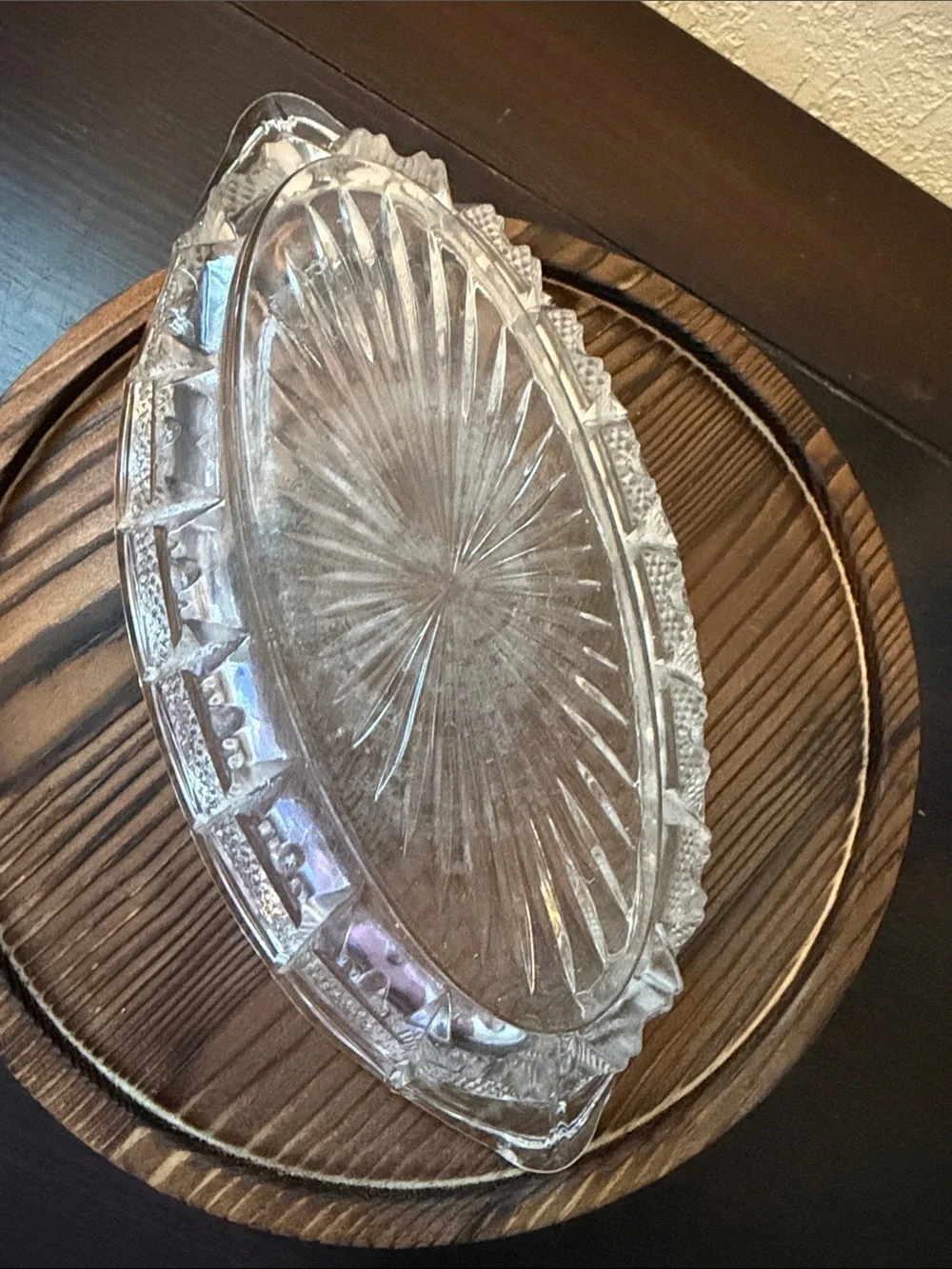 Vintage Pressed Glass Oval Dish – Starburst Design – Clear Scalloped Edge Candy